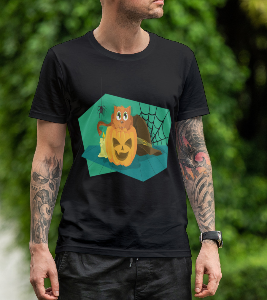 Happy Halloween Cat Atop Pumpkin With Candle And Spider Web T-Shirt