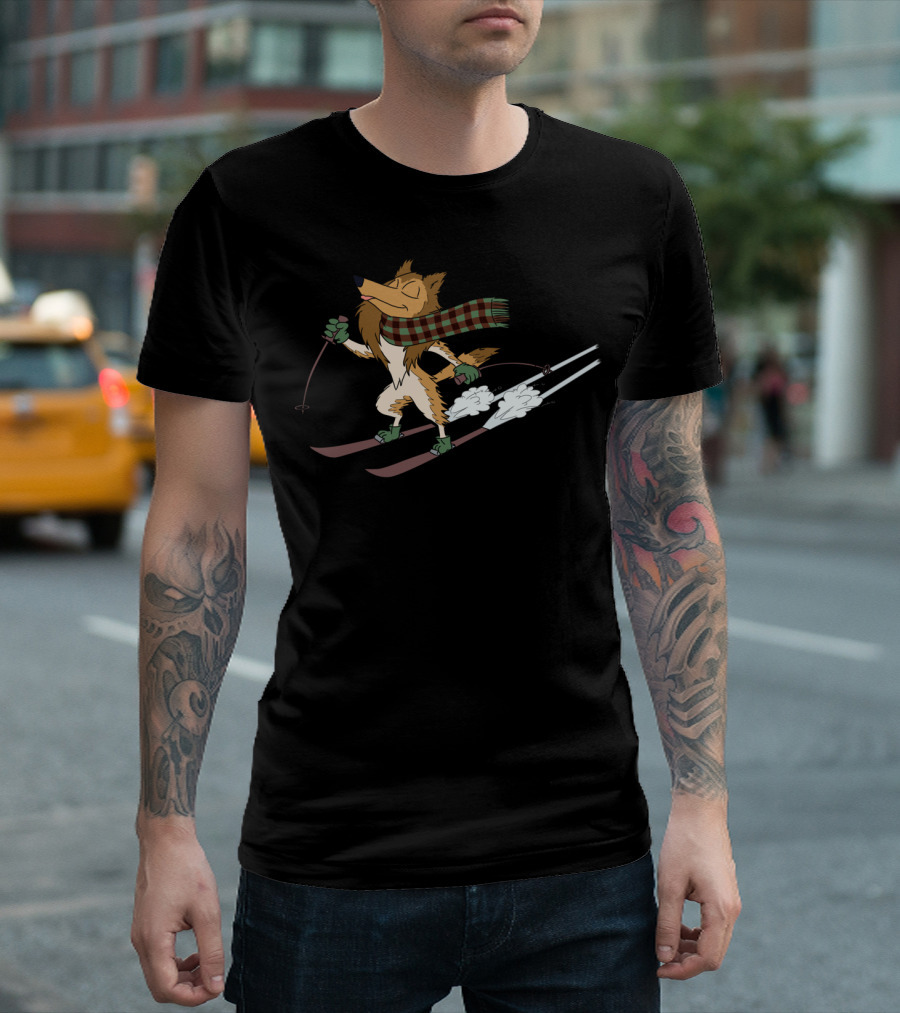 Skiing Dog With Plaid Scarf And Ski Poles In Motion T-Shirt