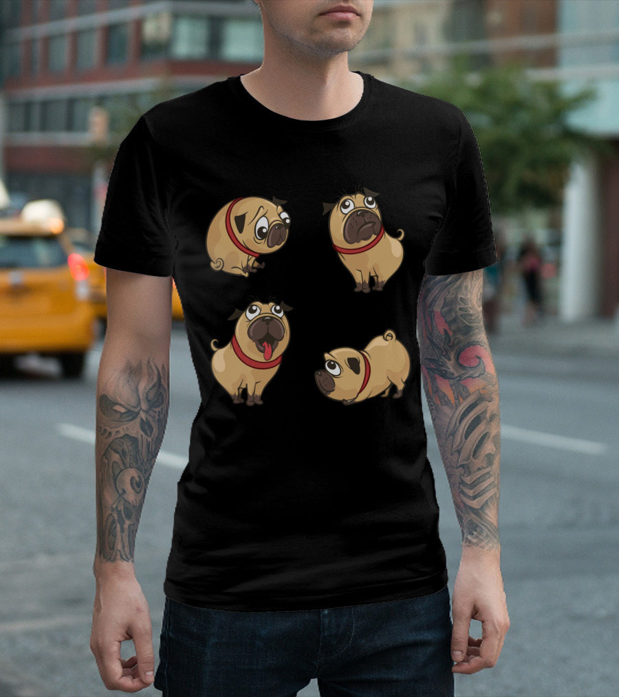 Bonny Dog Playful Pug Expressions With Red Collars T-Shirt