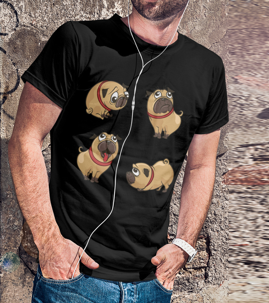 Bonny Dog Playful Pug Expressions With Red Collars T-Shirt