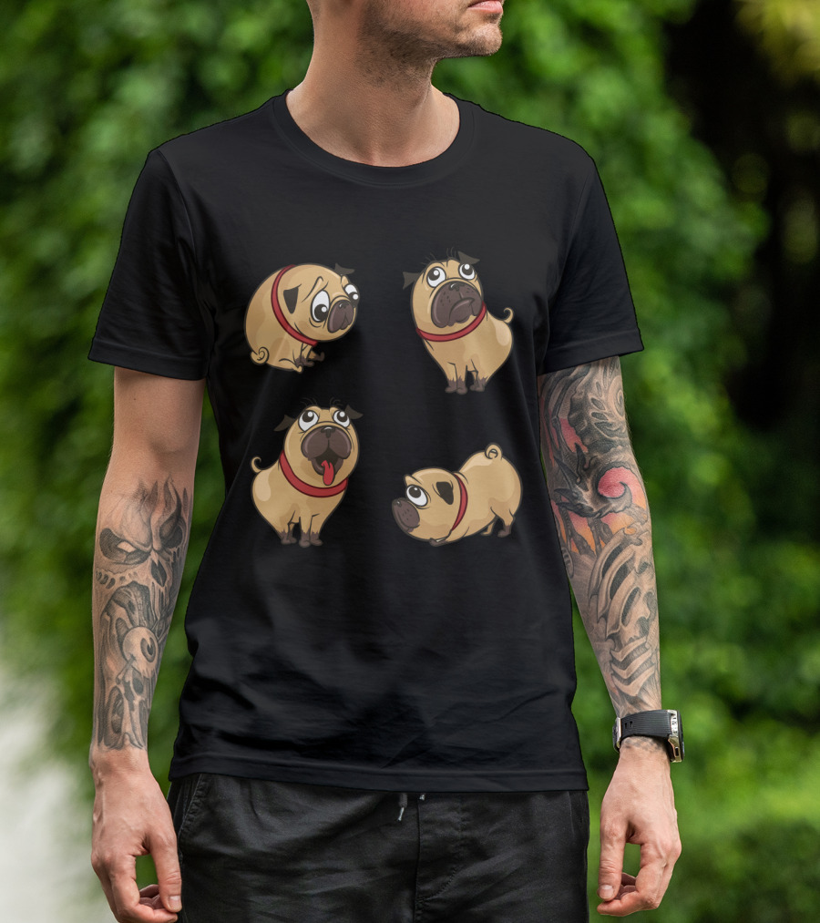 Bonny Dog Playful Pug Expressions With Red Collars T-Shirt
