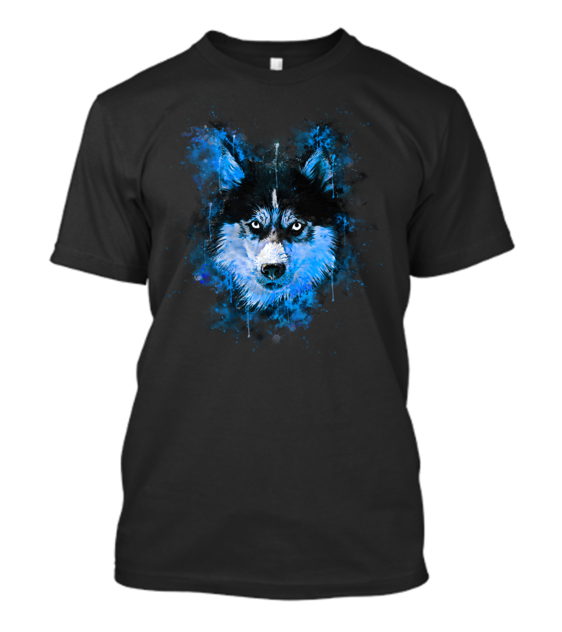Husky Dog Face Splatter Watercolor Blue T-Shirt