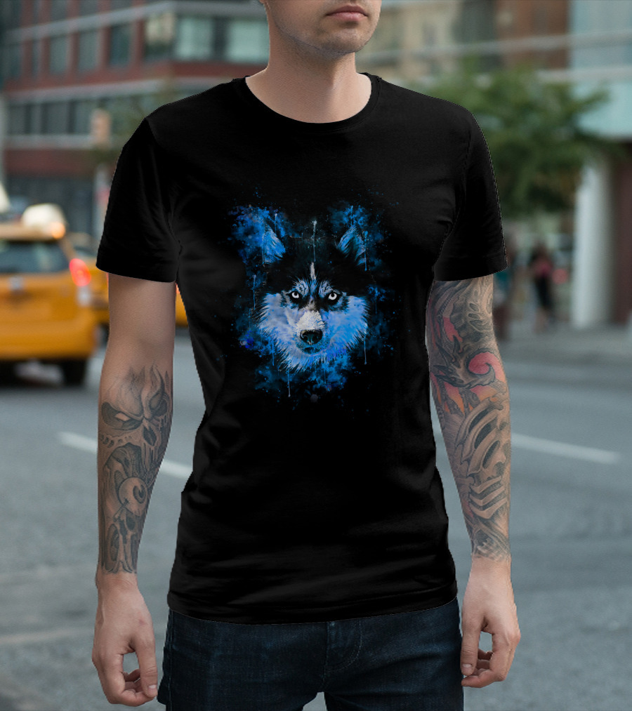 Husky Dog Face Splatter Watercolor Blue T-Shirt