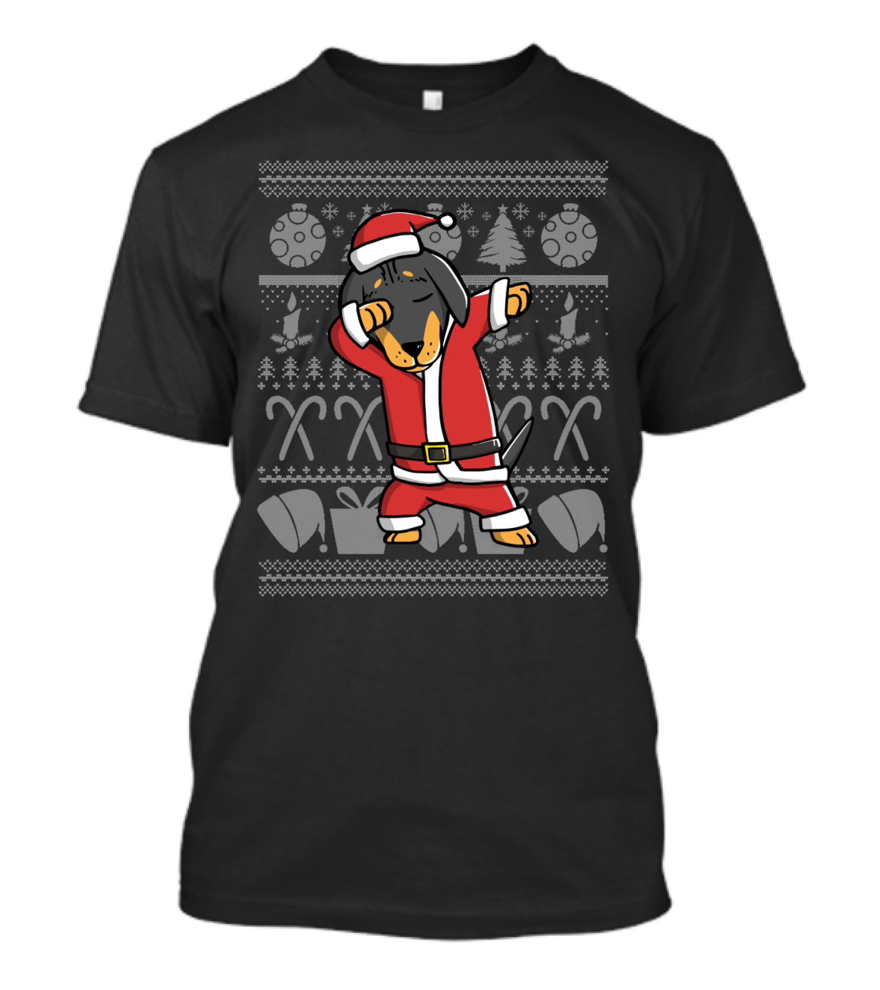 Santa Dachshund Dabbing Dance With Christmas Patterns And Candy Canes T-Shirt