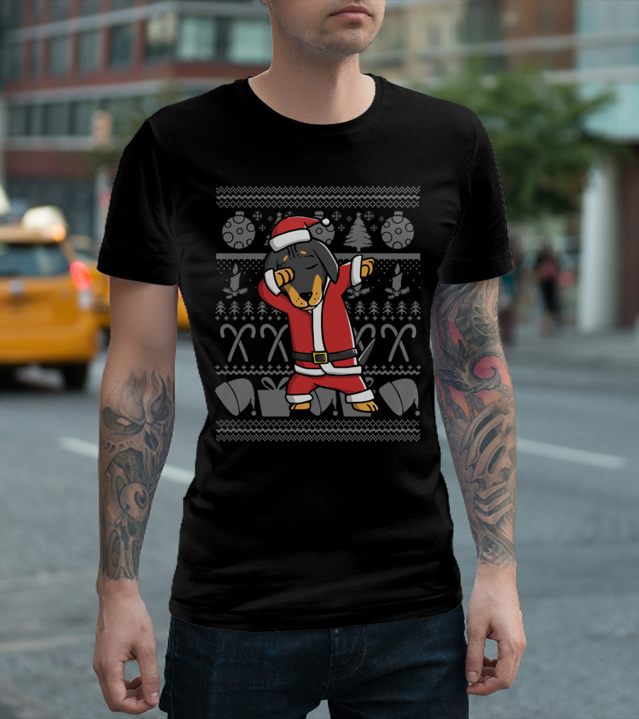 Santa Dachshund Dabbing Dance With Christmas Patterns And Candy Canes T-Shirt