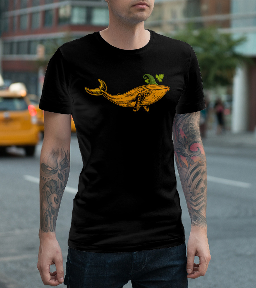 Whale Pumpkin Halloween Mashup with Green Stem and Leaves T-Shirt