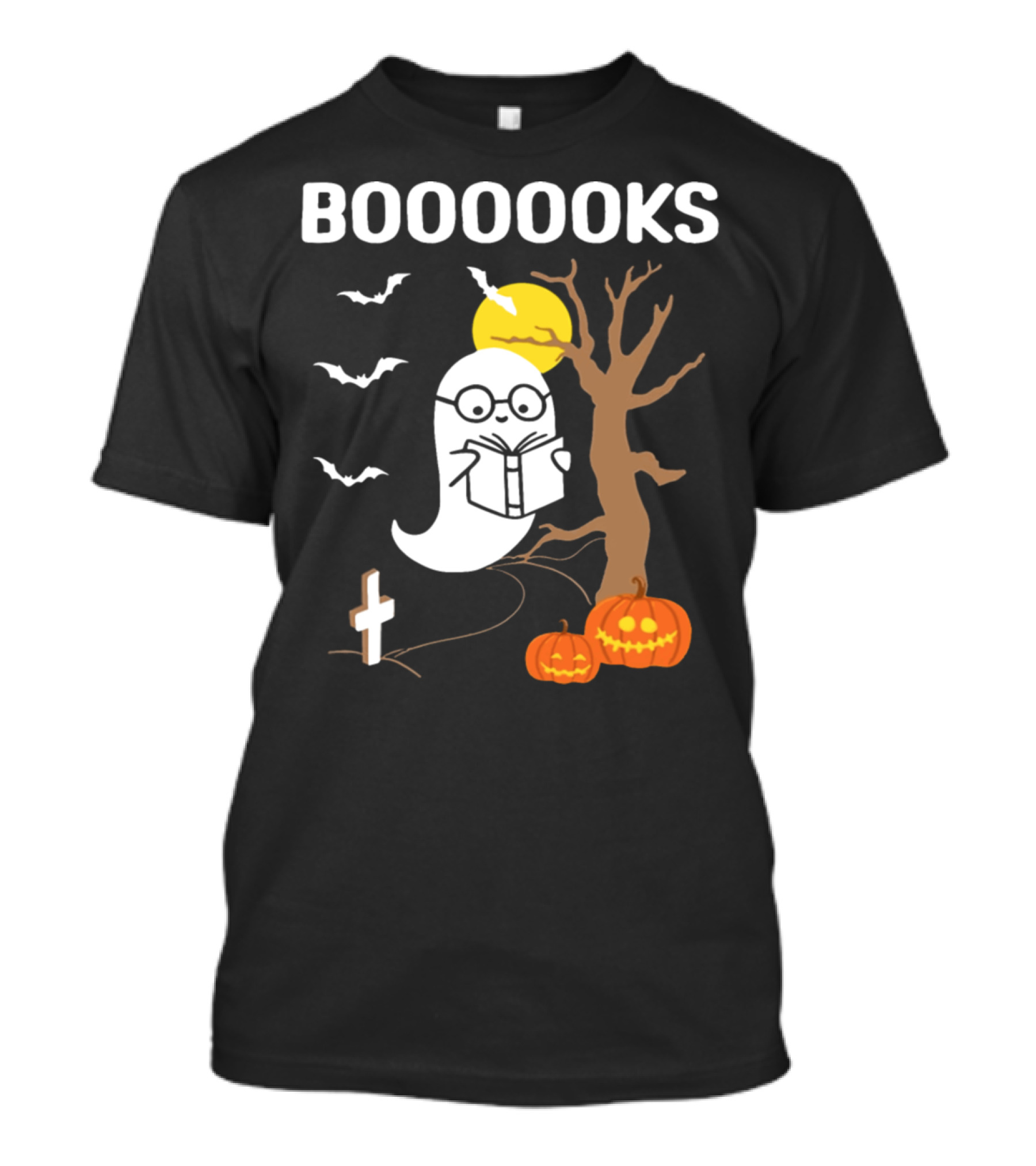BOOOOOKS Halloween Ghost Reading By Pumpkins With Moon And Bats T-Shirt
