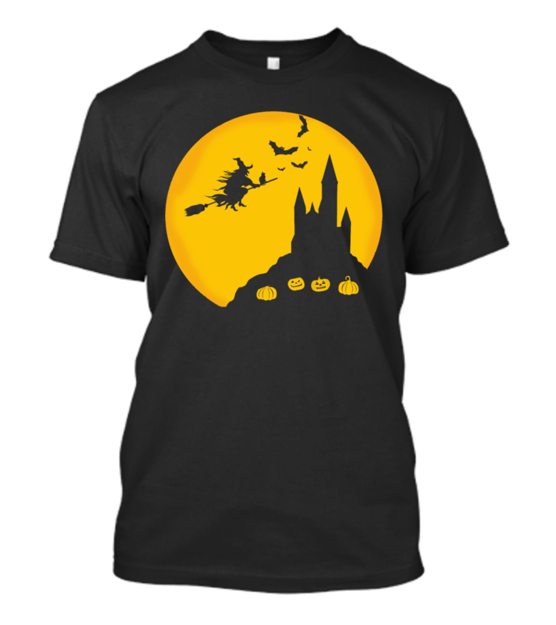 Witch Flying Over Castle With Pumpkins And Bats Halloween Boo T-Shirt