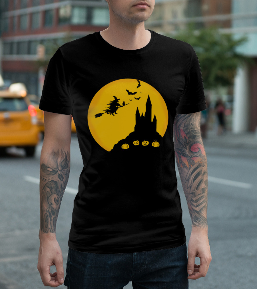 Witch Flying Over Castle With Pumpkins And Bats Halloween Boo T-Shirt
