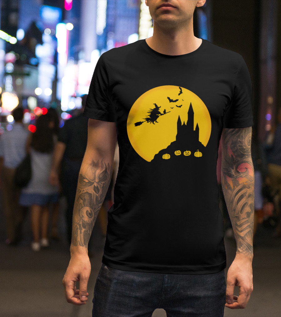 Witch Flying Over Castle With Pumpkins And Bats Halloween Boo T-Shirt