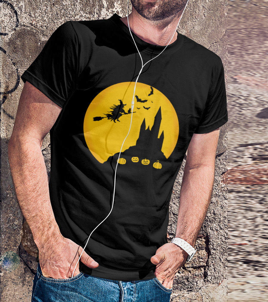 Witch Flying Over Castle With Pumpkins And Bats Halloween Boo T-Shirt