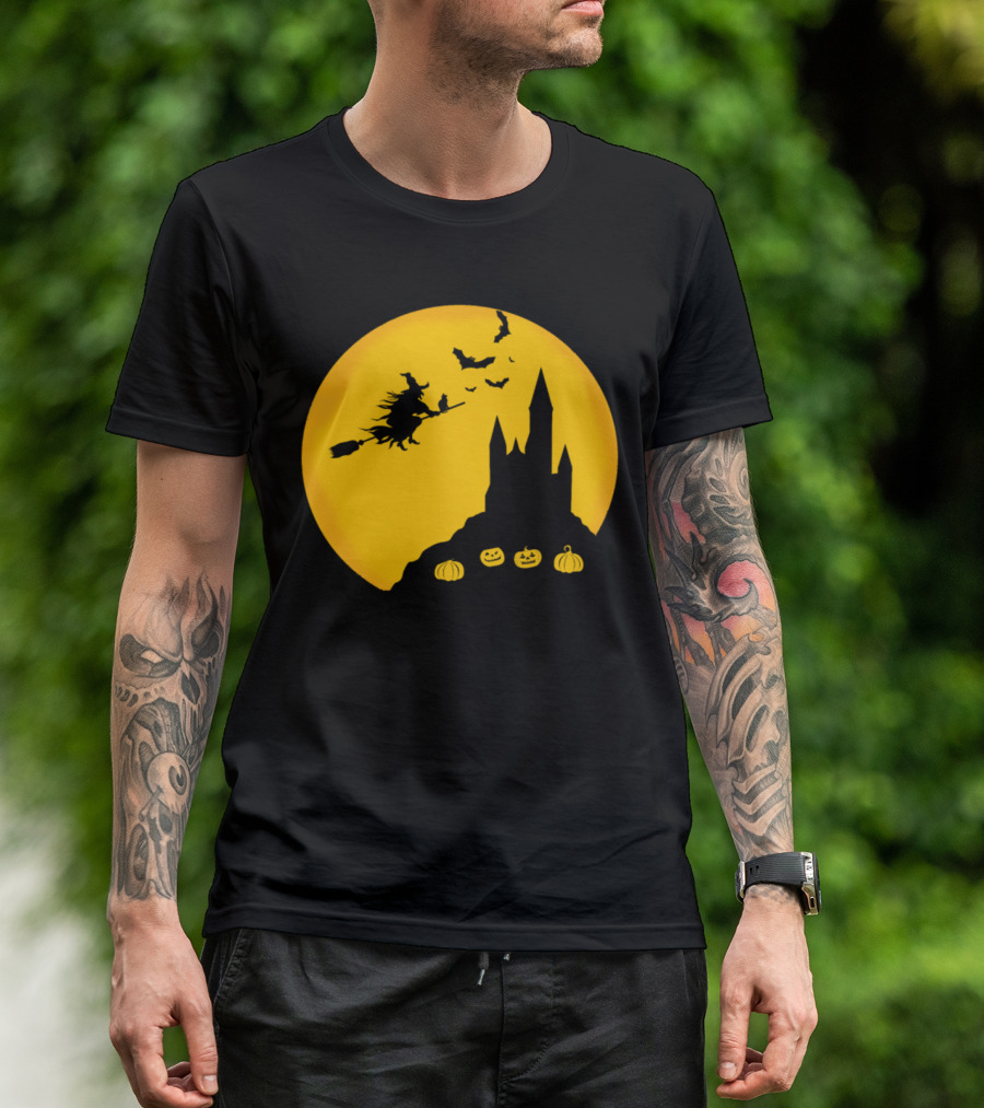 Witch Flying Over Castle With Pumpkins And Bats Halloween Boo T-Shirt