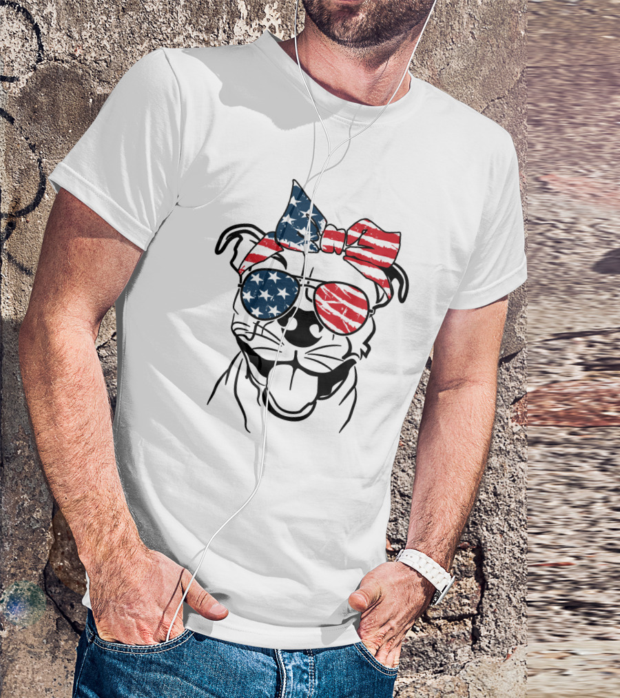 Pitbull With American Flag Bandana And Sunglasses For 4th Of July T-Shirt