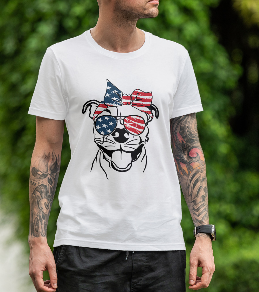 Pitbull With American Flag Bandana And Sunglasses For 4th Of July T-Shirt