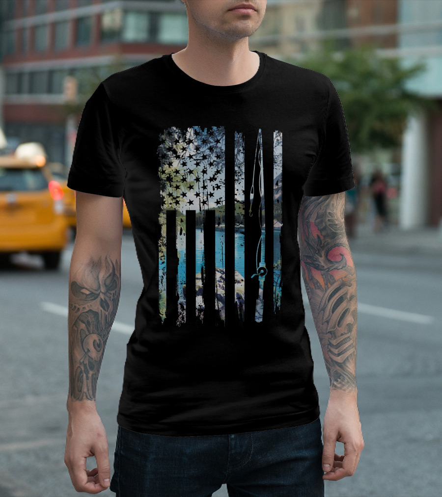 US Flag Fishing Rod Lake Scene Patriotic Fishing T-Shirt