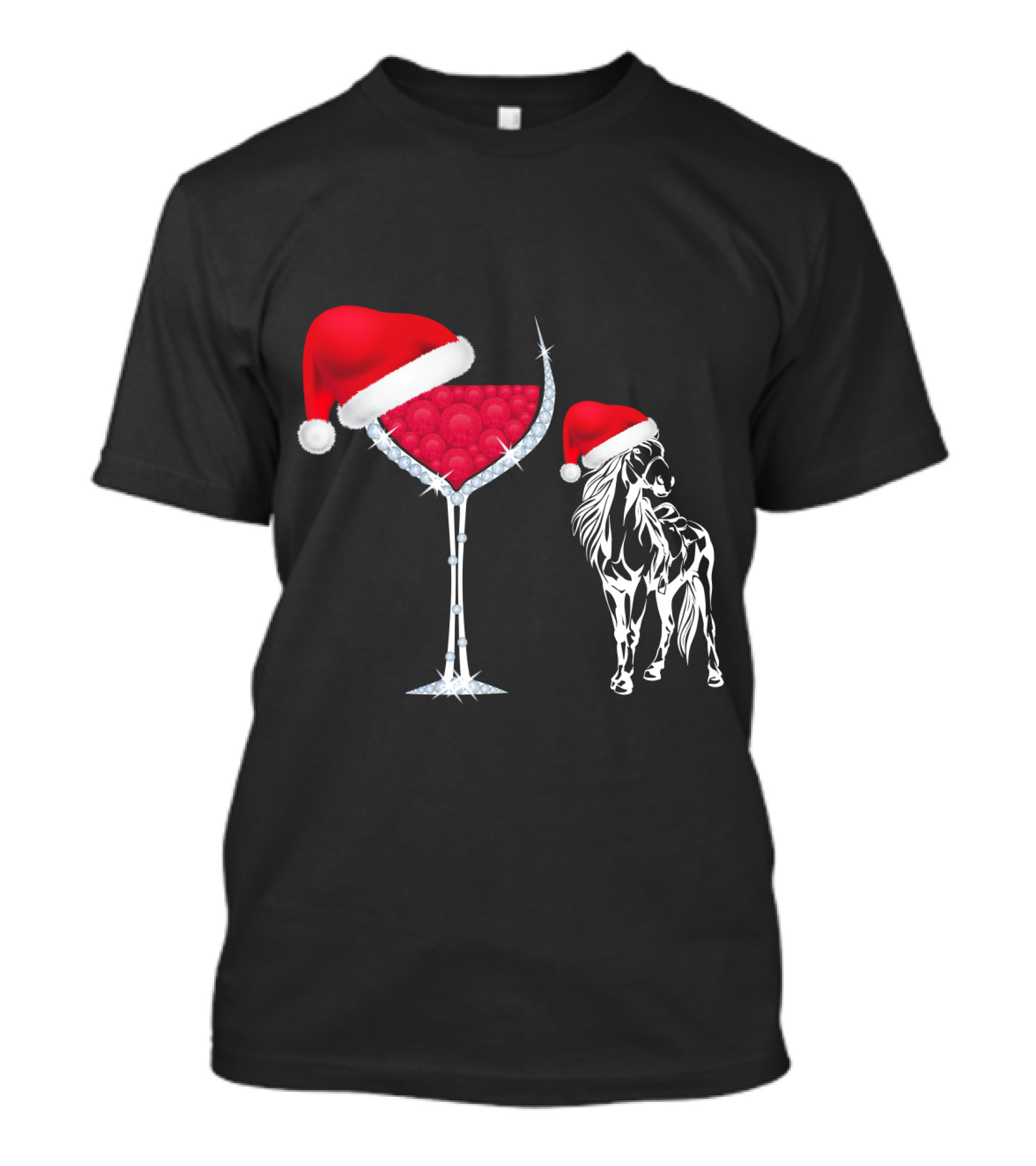 Santa Hat Christmas Horse And Wine Glass T-Shirt