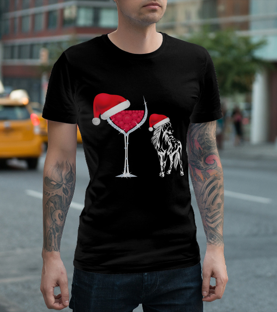 Santa Hat Christmas Horse And Wine Glass T-Shirt