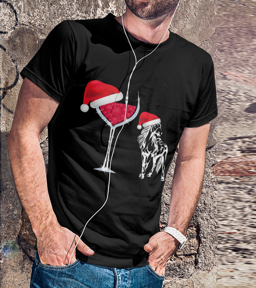 Santa Hat Christmas Horse And Wine Glass T-Shirt