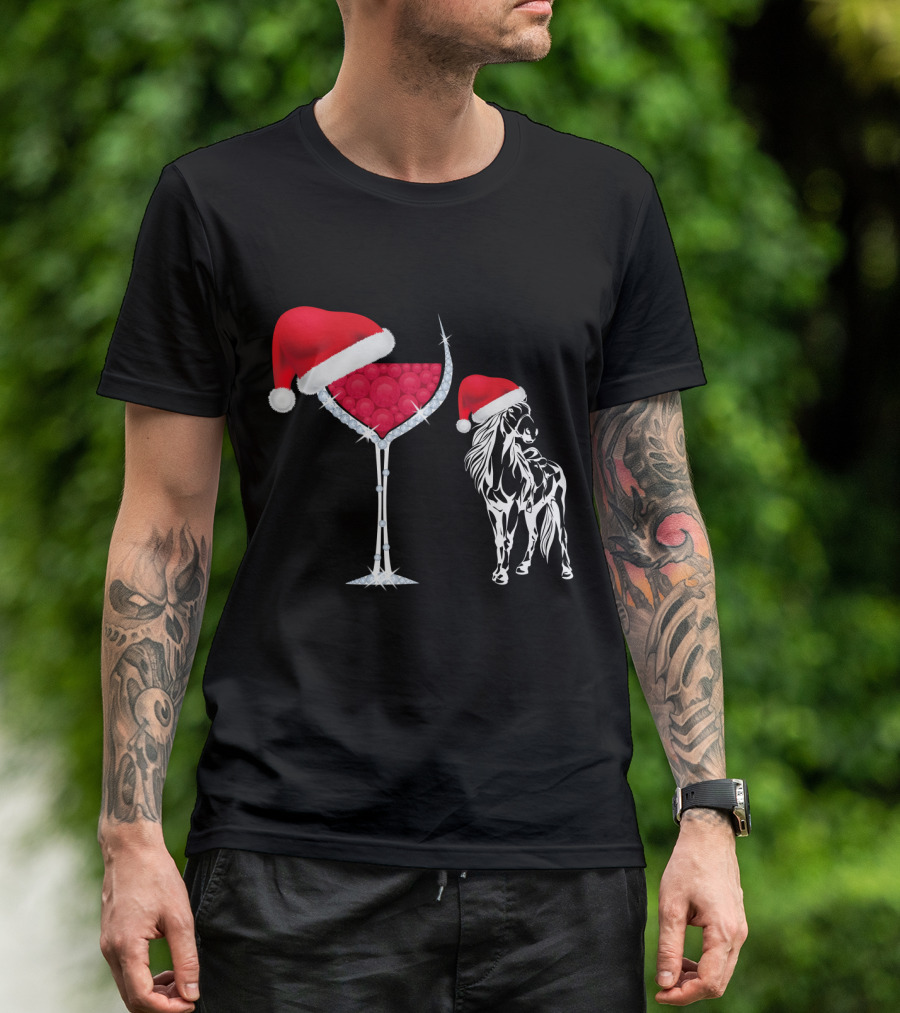 Santa Hat Christmas Horse And Wine Glass T-Shirt
