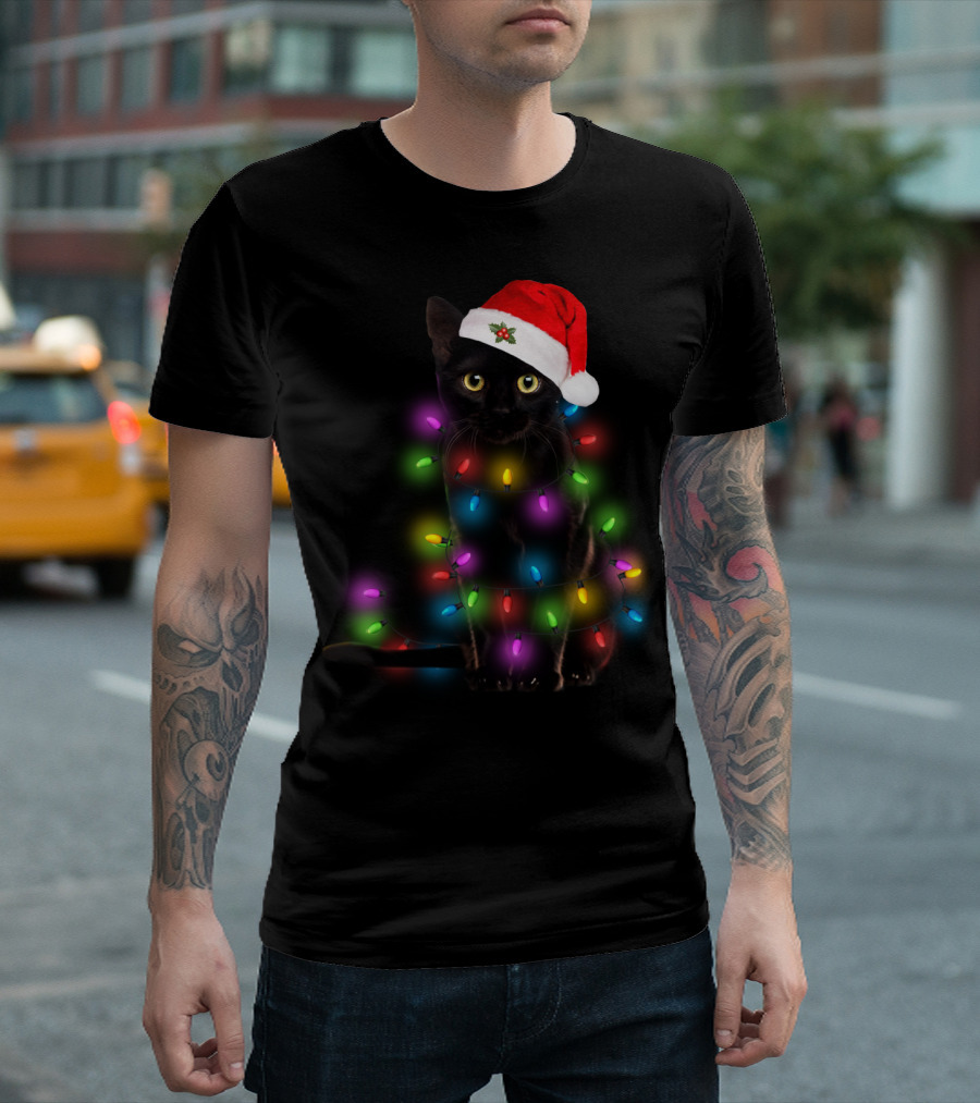 Santa Black Cat with Christmas Lights and Santa Hat T-Shirt