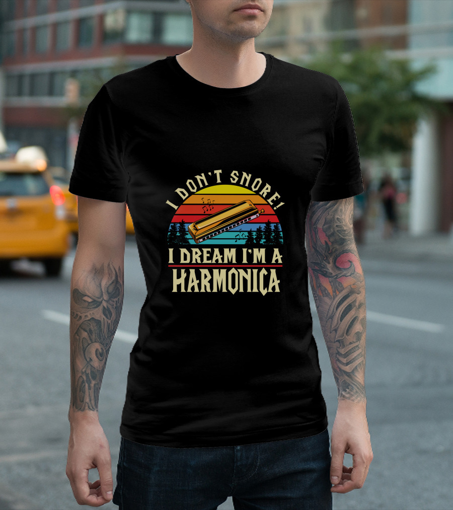 I Don't Snore I Dream I'm A Harmonica Vintage Harmonica Sunset T-Shirt