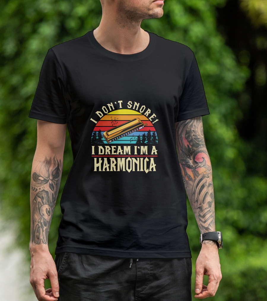 I Don't Snore I Dream I'm A Harmonica Vintage Harmonica Sunset T-Shirt
