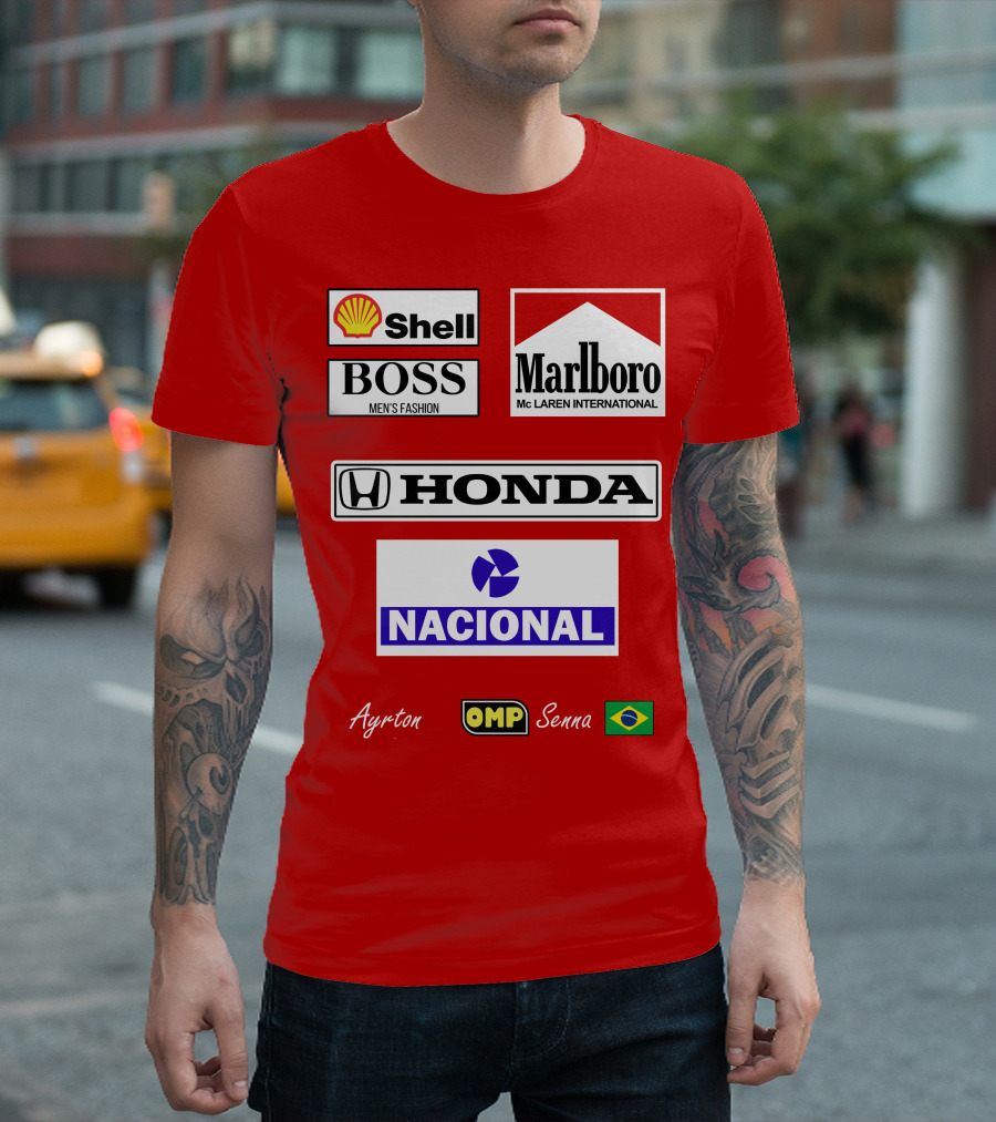 Shell Boss Marlboro McLaren Honda Nacional Ayrton Senna OMP Brazil Flag T-Shirt