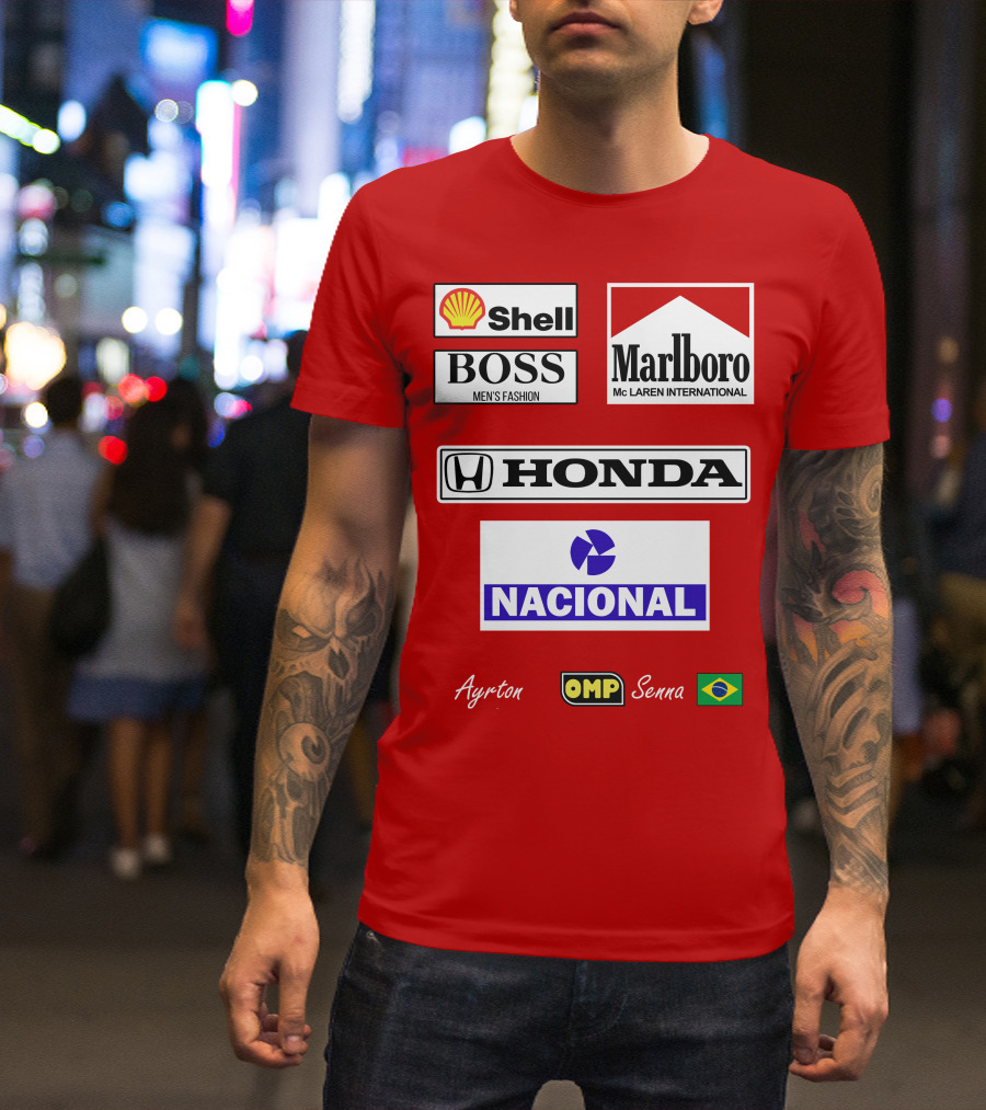 Shell Boss Marlboro McLaren Honda Nacional Ayrton Senna OMP Brazil Flag T-Shirt