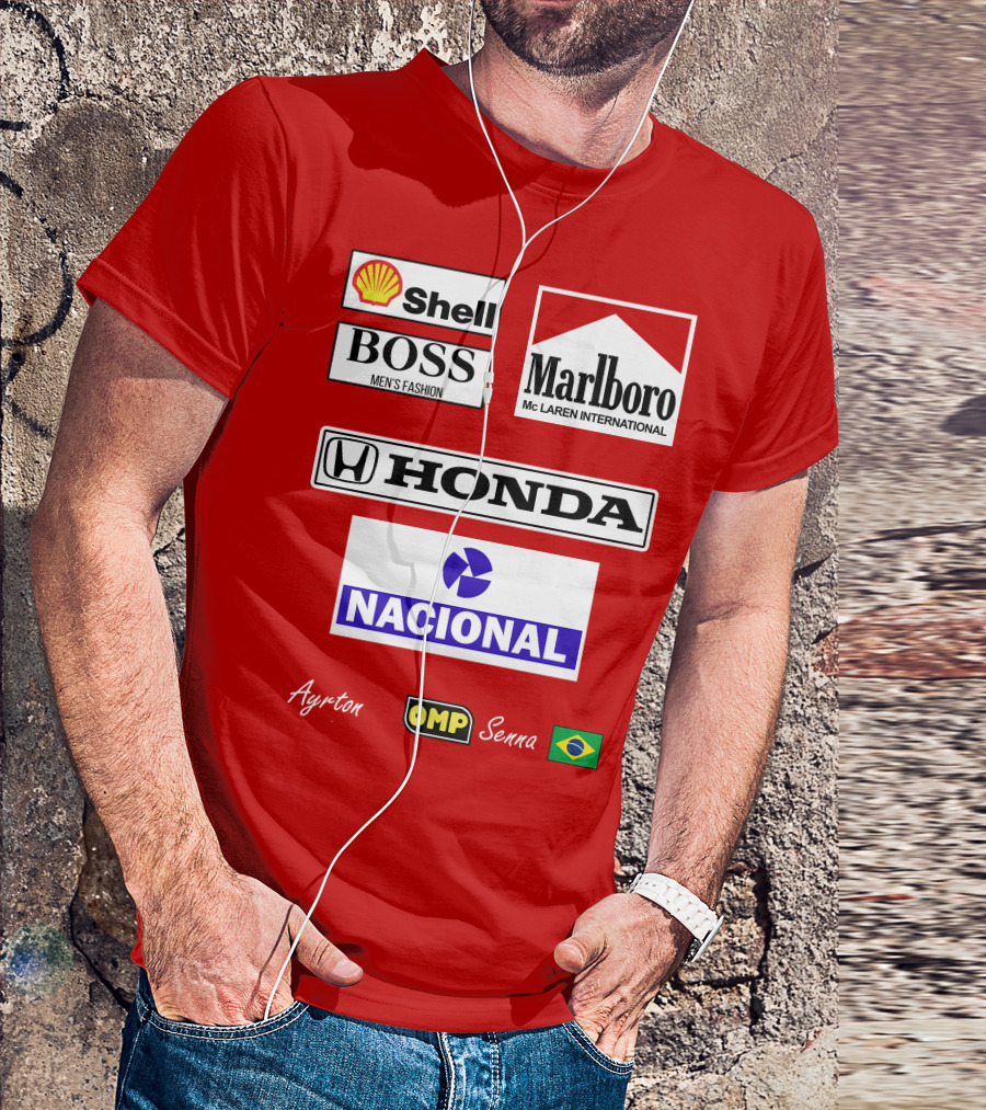 Shell Boss Marlboro McLaren Honda Nacional Ayrton Senna OMP Brazil Flag T-Shirt