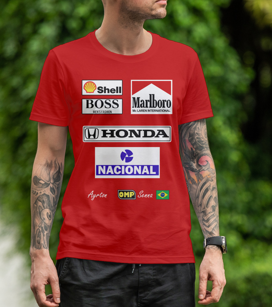 Shell Boss Marlboro McLaren Honda Nacional Ayrton Senna OMP Brazil Flag T-Shirt