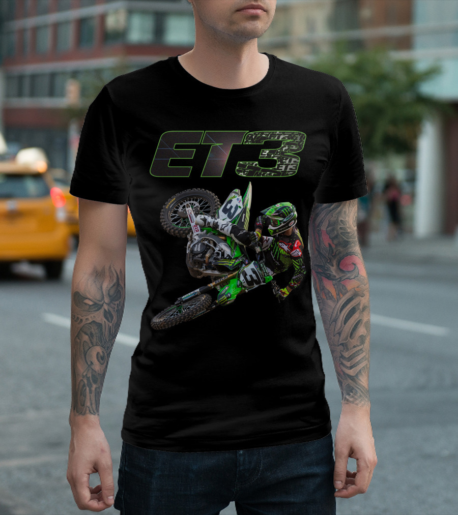 ET3 Motor Cross Rider In Action With Green Racing Gear T-Shirt