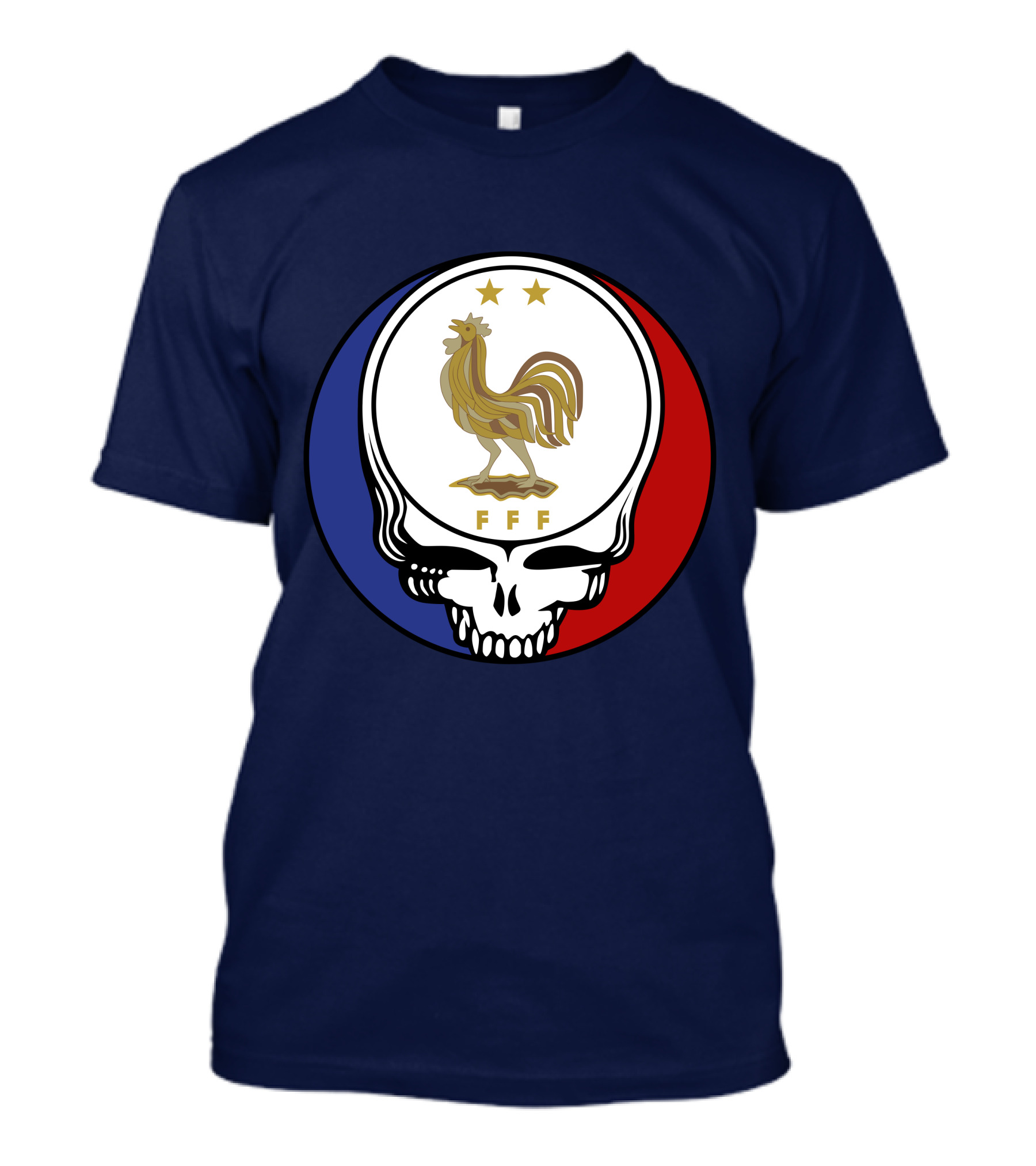 Equipe De France De Football Grateful Dead FFF Rooster Skull Red White Blue T-Shirt
