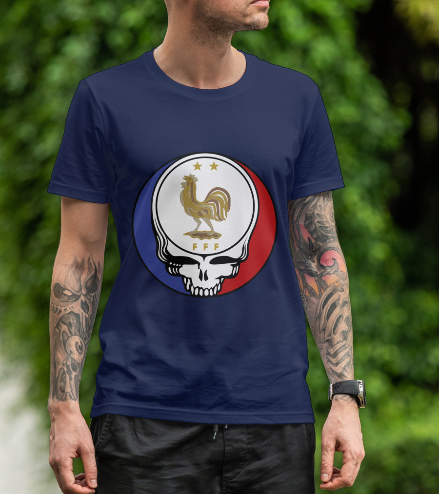 Equipe De France De Football Grateful Dead FFF Rooster Skull Red White Blue T-Shirt