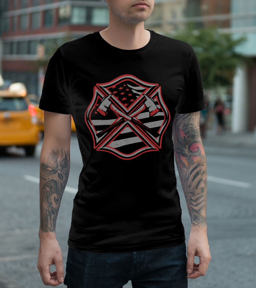 Red Thin Line Firefighter American Flag Maltese Cross T-Shirt