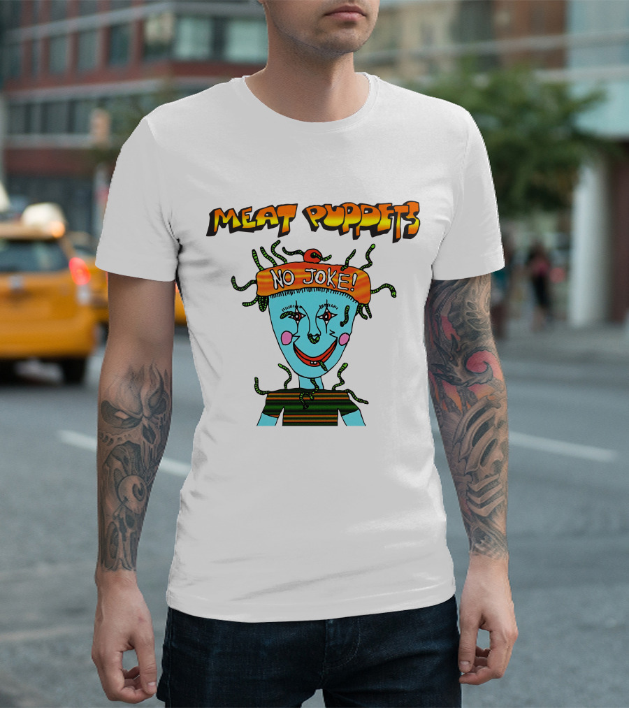 Meat Puppets No Joke Colorful Cartoon Character with Hat and Bright Smile T-Shirt
