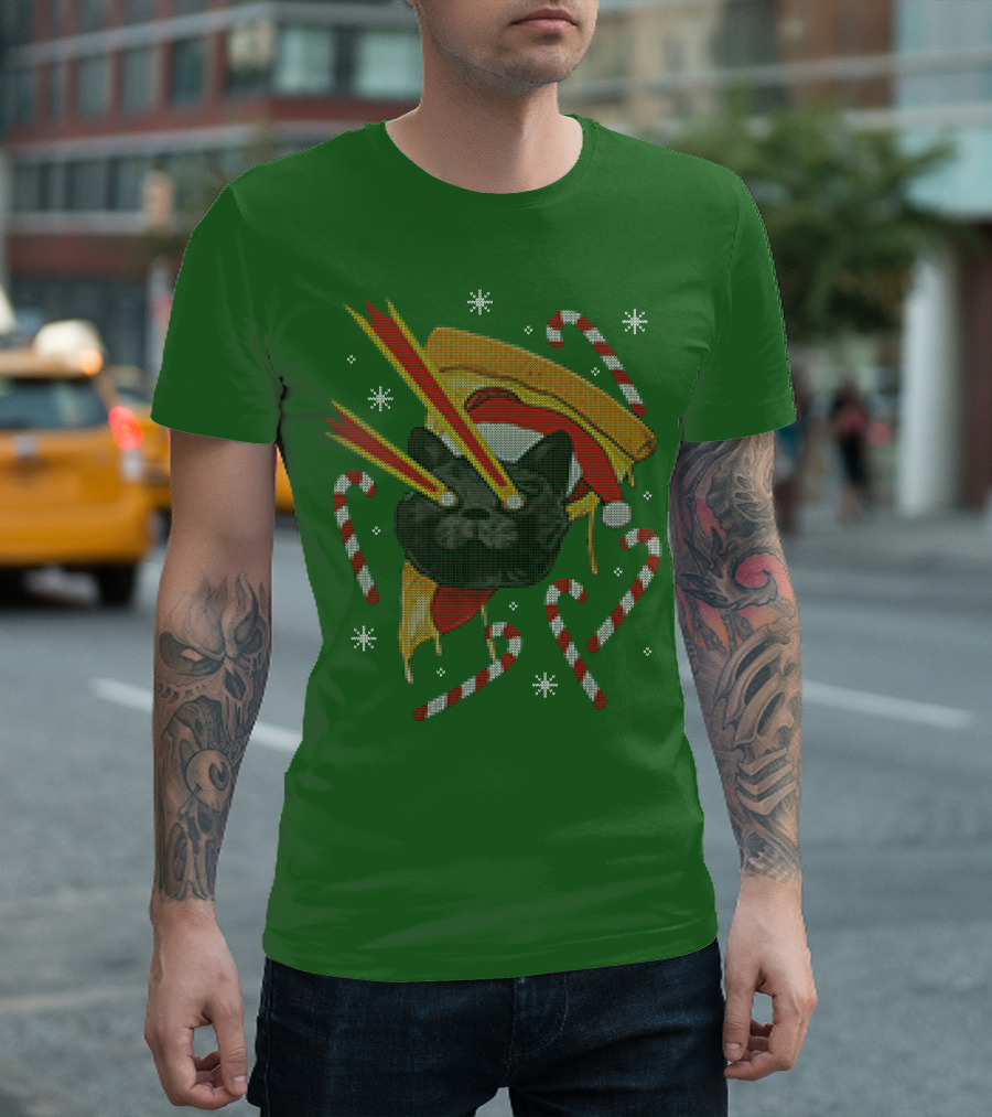 Drax Christmas Jumpers Cat Laser Eyes Christmas Pizza Candy Canes T-Shirt
