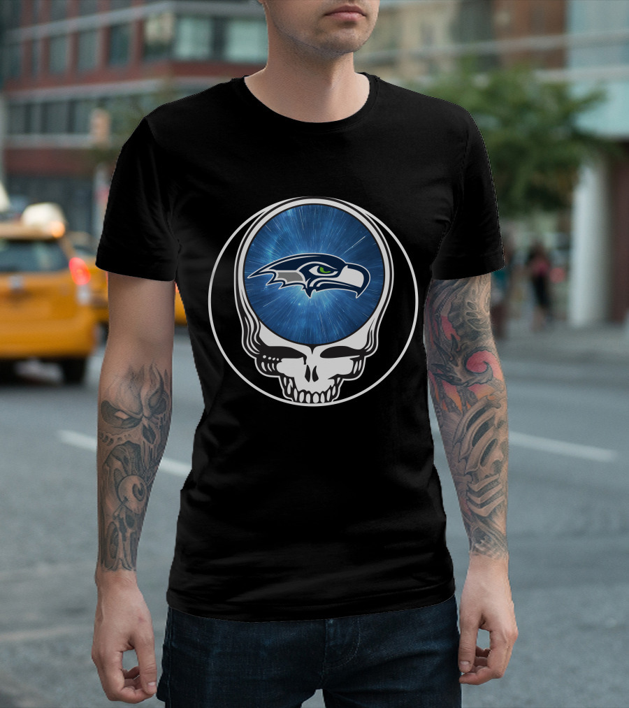 Seattle Seahawks Grateful Dead Styled Skull Emblem T-Shirt