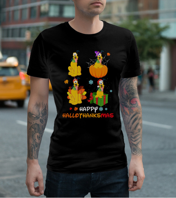 Happy Hallothanksmas Pluto Halloween Thanksgiving Christmas T-Shirt