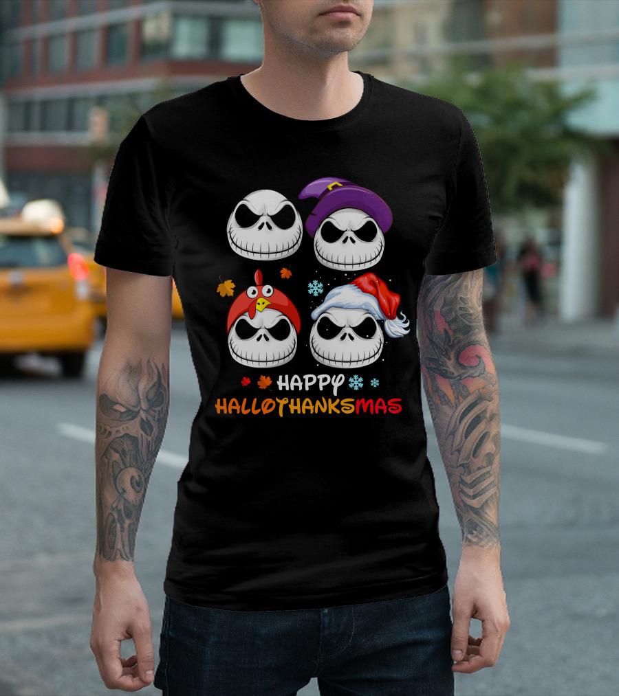 Happy HALLOTHANKSMAS Jack Skellington Faces with Witch Hat Turkey Hat Santa Hat Leaves Snowflakes T-Shirt