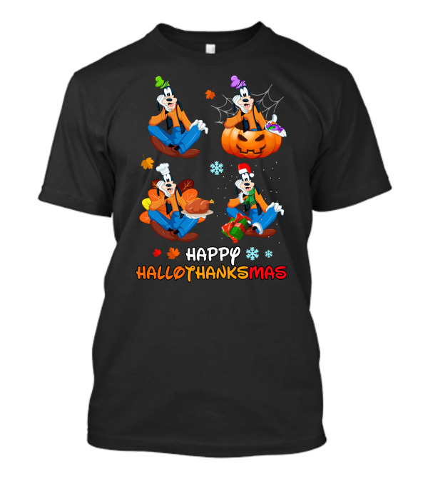 HAPPY HALLOTHANKSMAS Goofy Halloween Thanksgiving Christmas Festive Cartoon Characters T-Shirt
