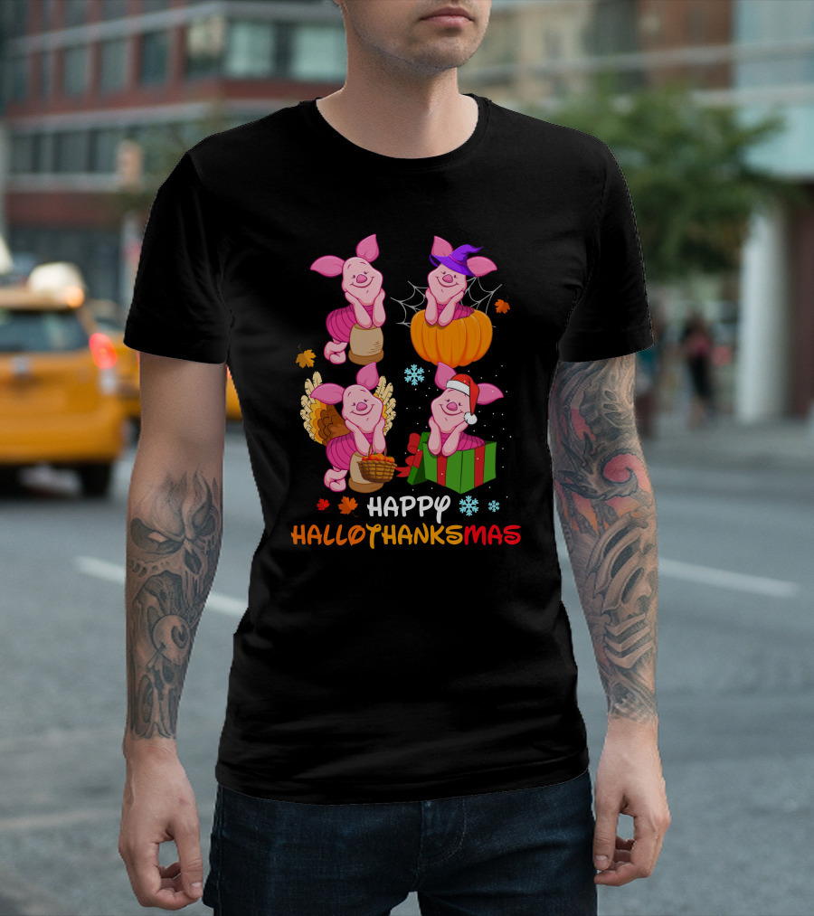 Happy HALLOTHANKSMAS Piglet in Pumpkin Turkey and Gift Box T-Shirt