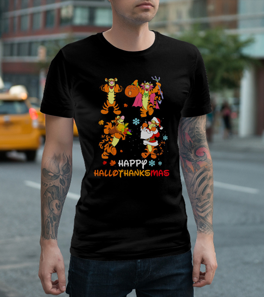 Happy HALLOTHANKSMAS Tigger Celebrating Halloween Thanksgiving Christmas T-Shirt