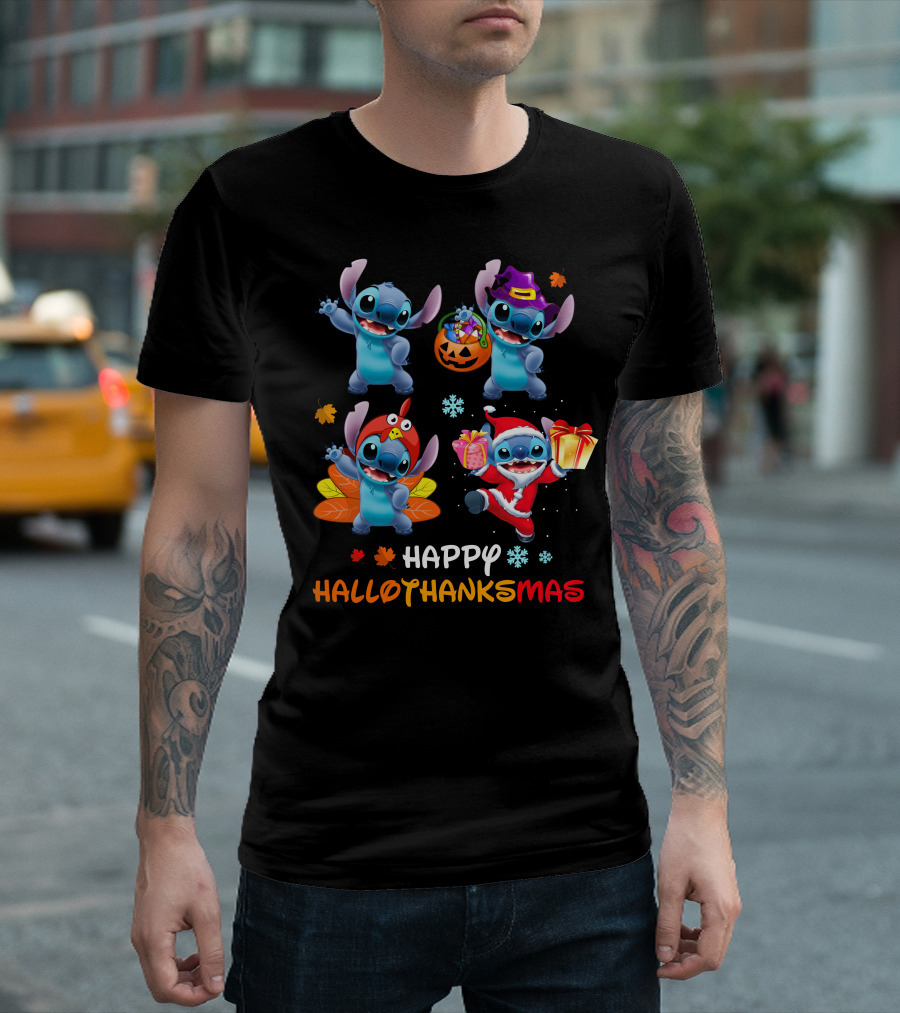 Happy HALLOTHANKSMAS Stitch in Halloween Thanksgiving Christmas Styles T-Shirt
