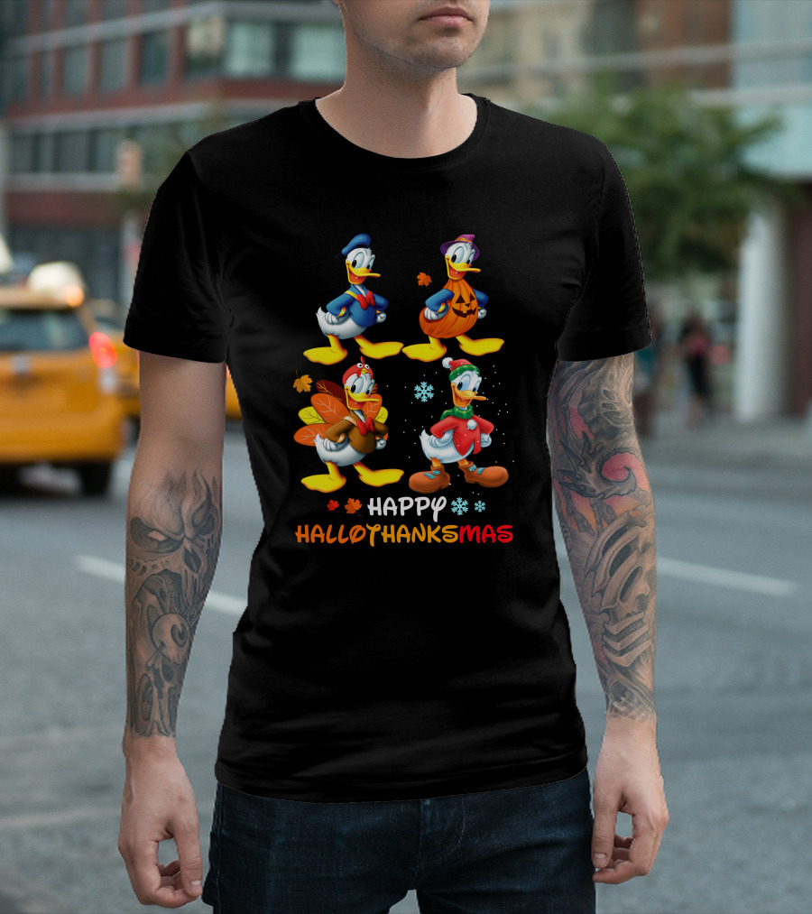 Happy HALLOTHANKSMAS Donald Characters In Holiday Costumes T-Shirt
