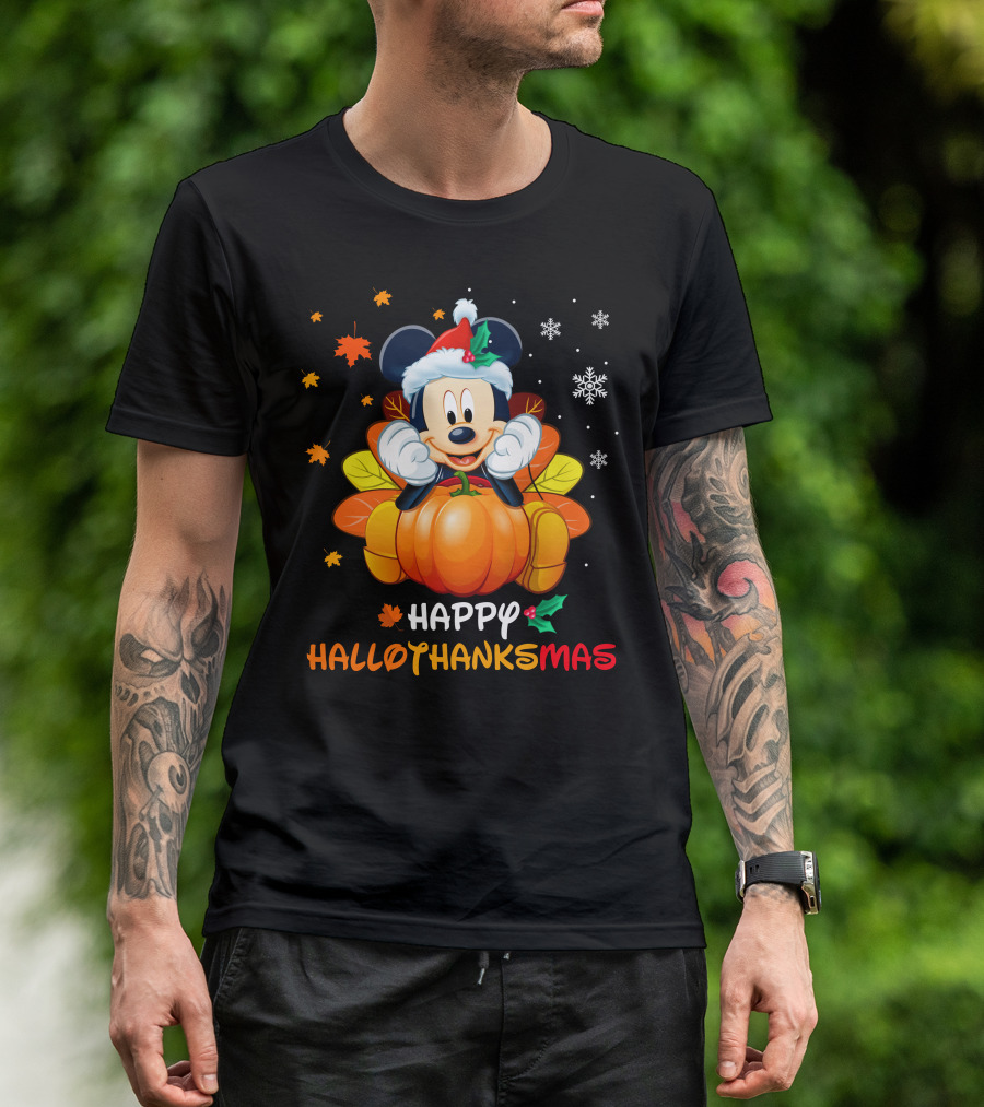 Happy HALLOTHANKSMAS Mickey Mouse Santa Pumpkin Leaves Snowflakes T-Shirt