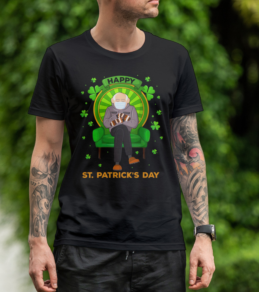 Happy St. Patrick's Day Masked Sitting Man With Mittens Surrounded By Clovers T-Shirt