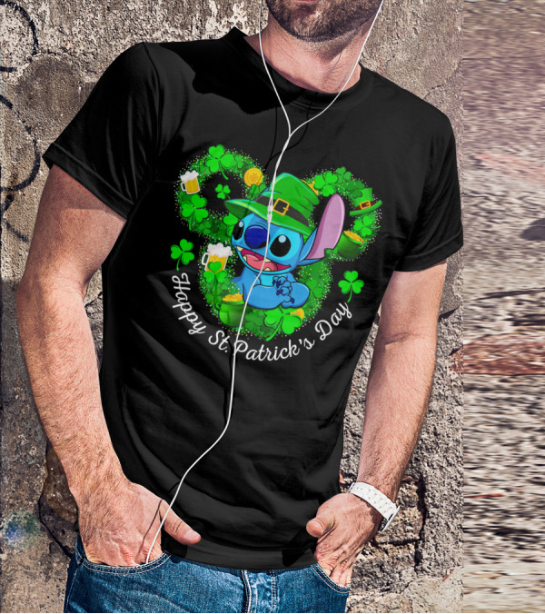 Stitch Happy St. Patrick's Day Shamrocks And Beer Celebration T-Shirt