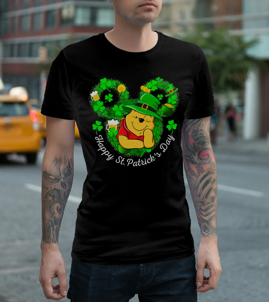 Happy St. Patrick's Day Pooh Shamrocks and Green Hat T-Shirt