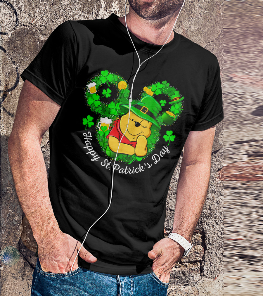 Happy St. Patrick's Day Pooh Shamrocks And Green Hat T-Shirt