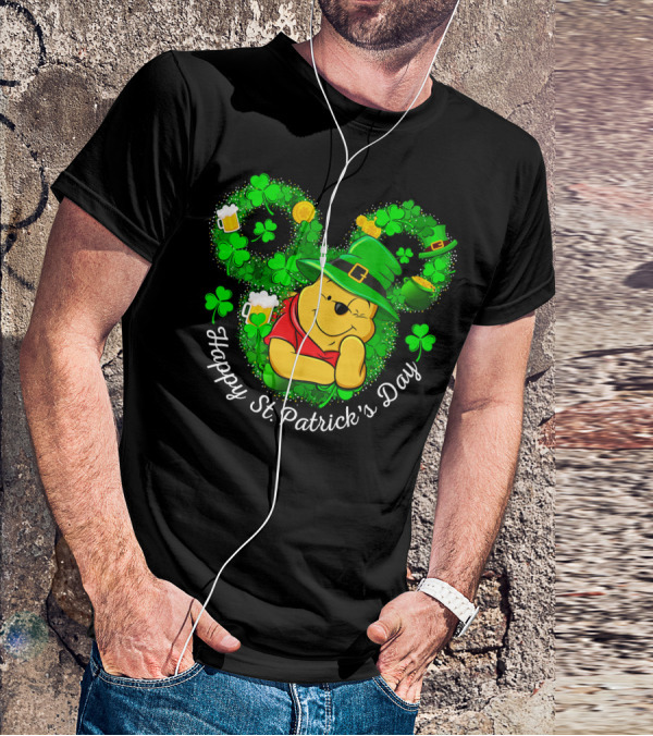 Happy St. Patrick's Day Pooh Shamrocks And Green Hat T-Shirt
